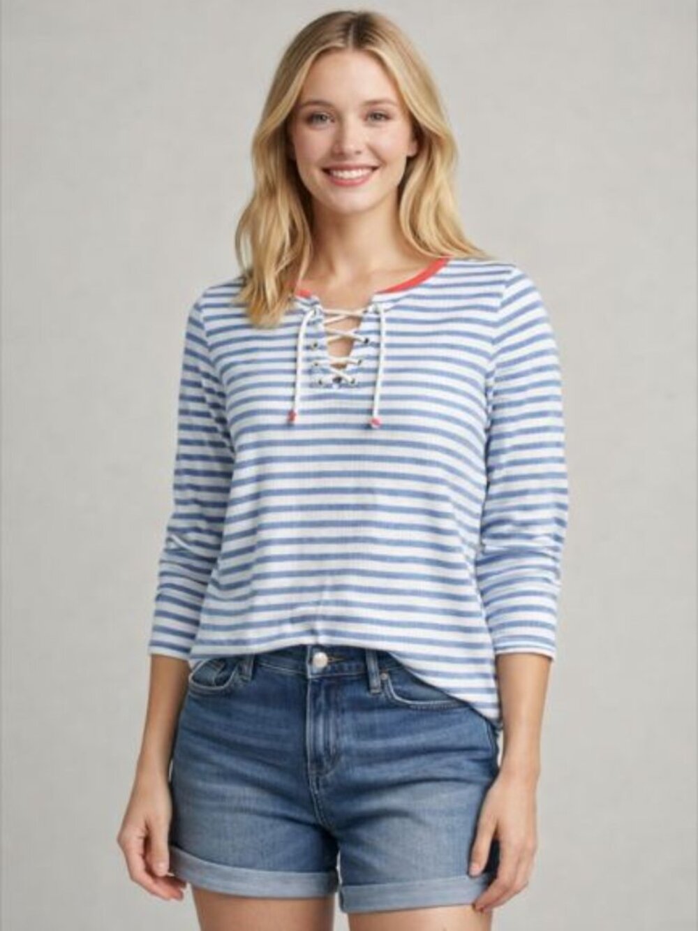 Joules Blue and White Striped Long Sleeve Top With Nautical Lace-Up Neckline - 8